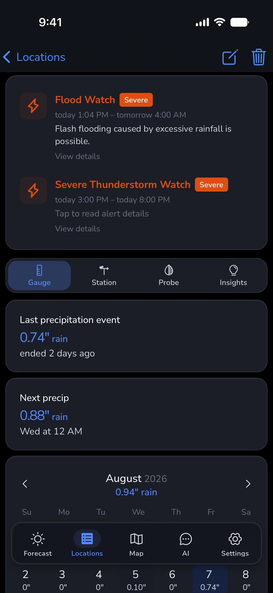Detailed measured precipitation history for a saved location