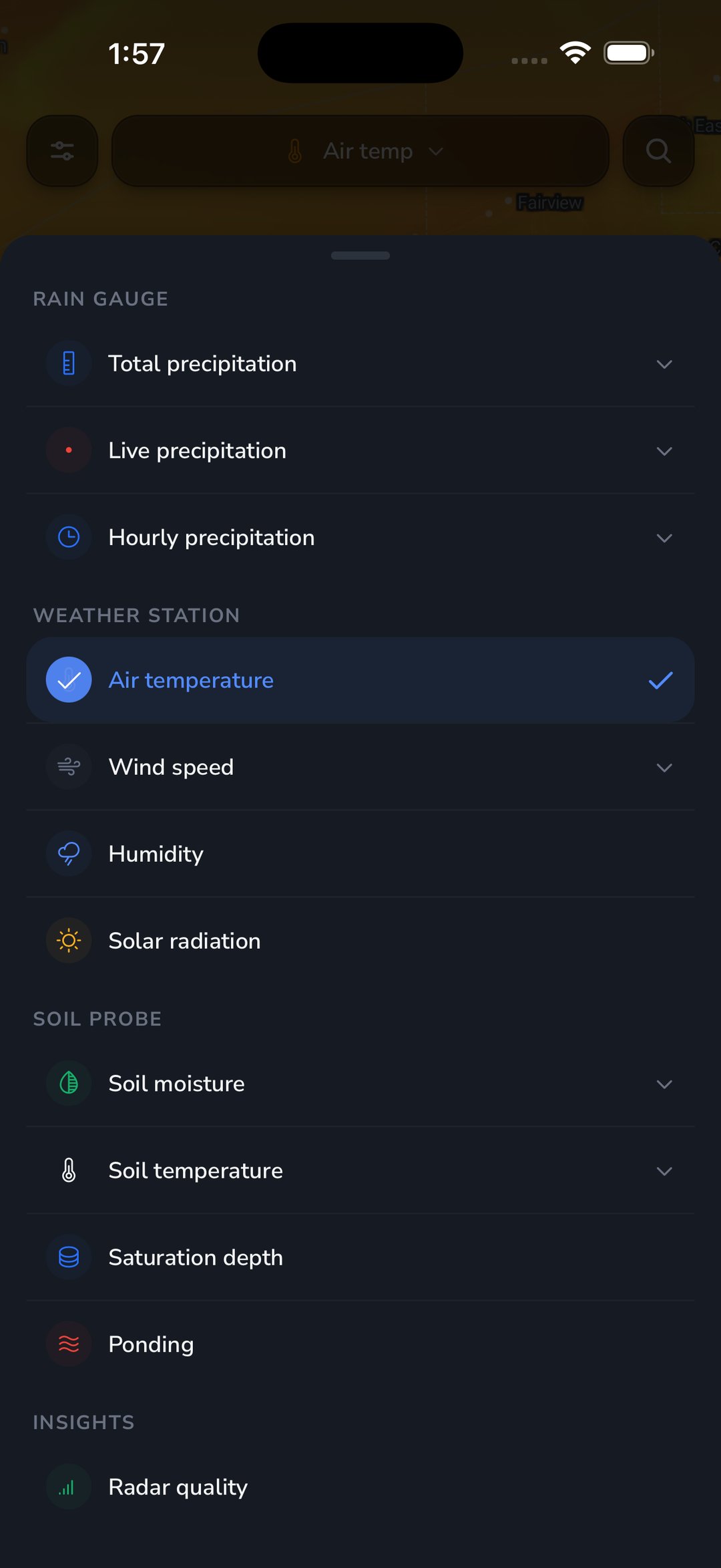 Map switching among animated wind, humidity, temperature, and solar radiation