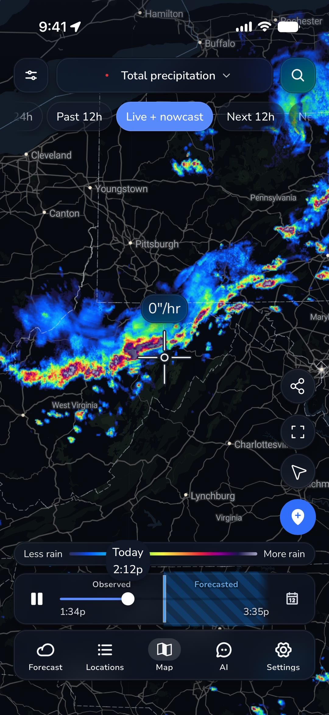 Full-screen precipitation map scrubbed from observed into forecast