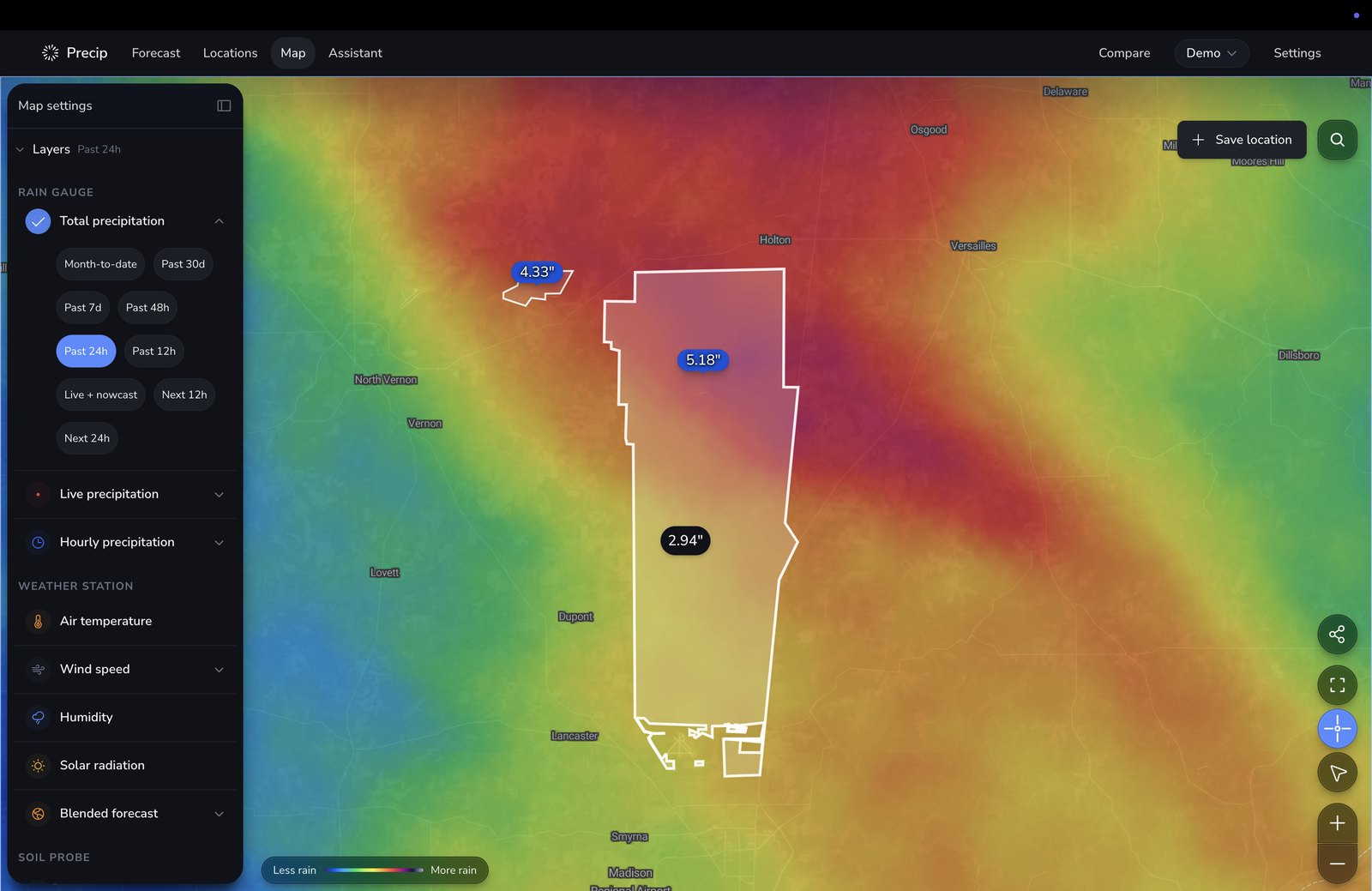 A field boundary drawn on the live precipitation map with rainfall totals across it