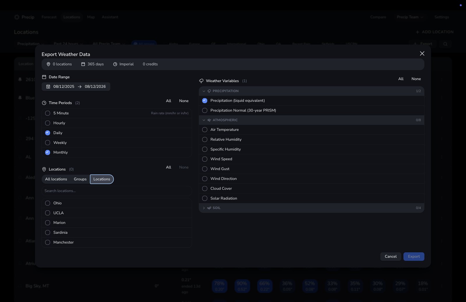 Export weather data modal: weather variables, time periods, date range, and locations