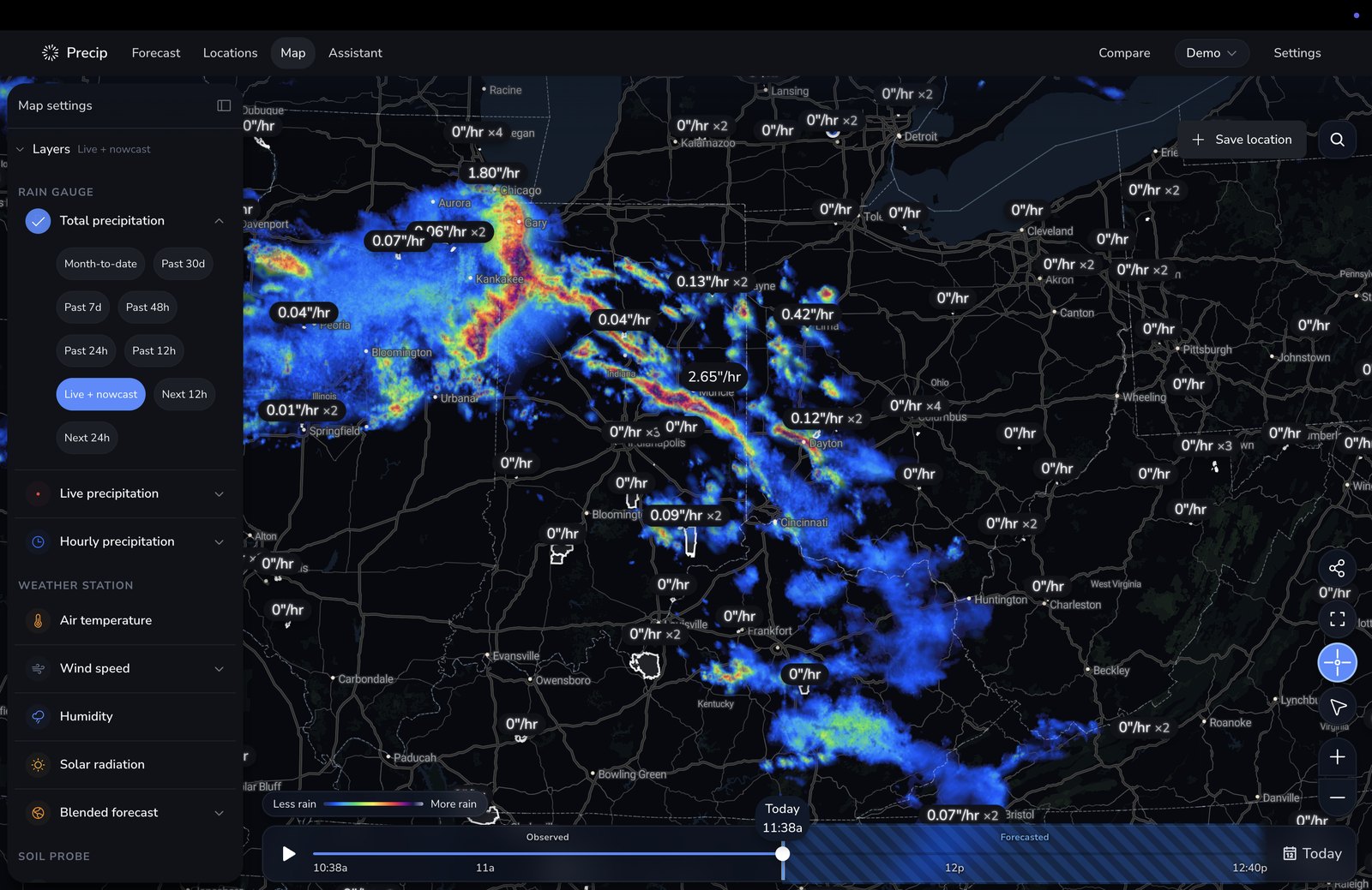 Precip's live precipitation map with current rain rates labeled at saved sites across the Midwest