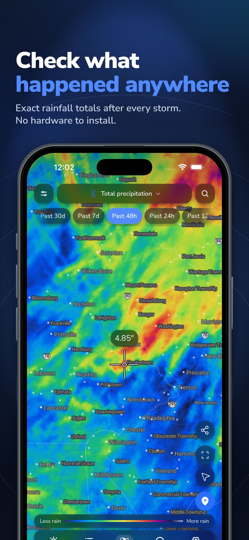 Rainfall totals map after a storm, with no gauge required