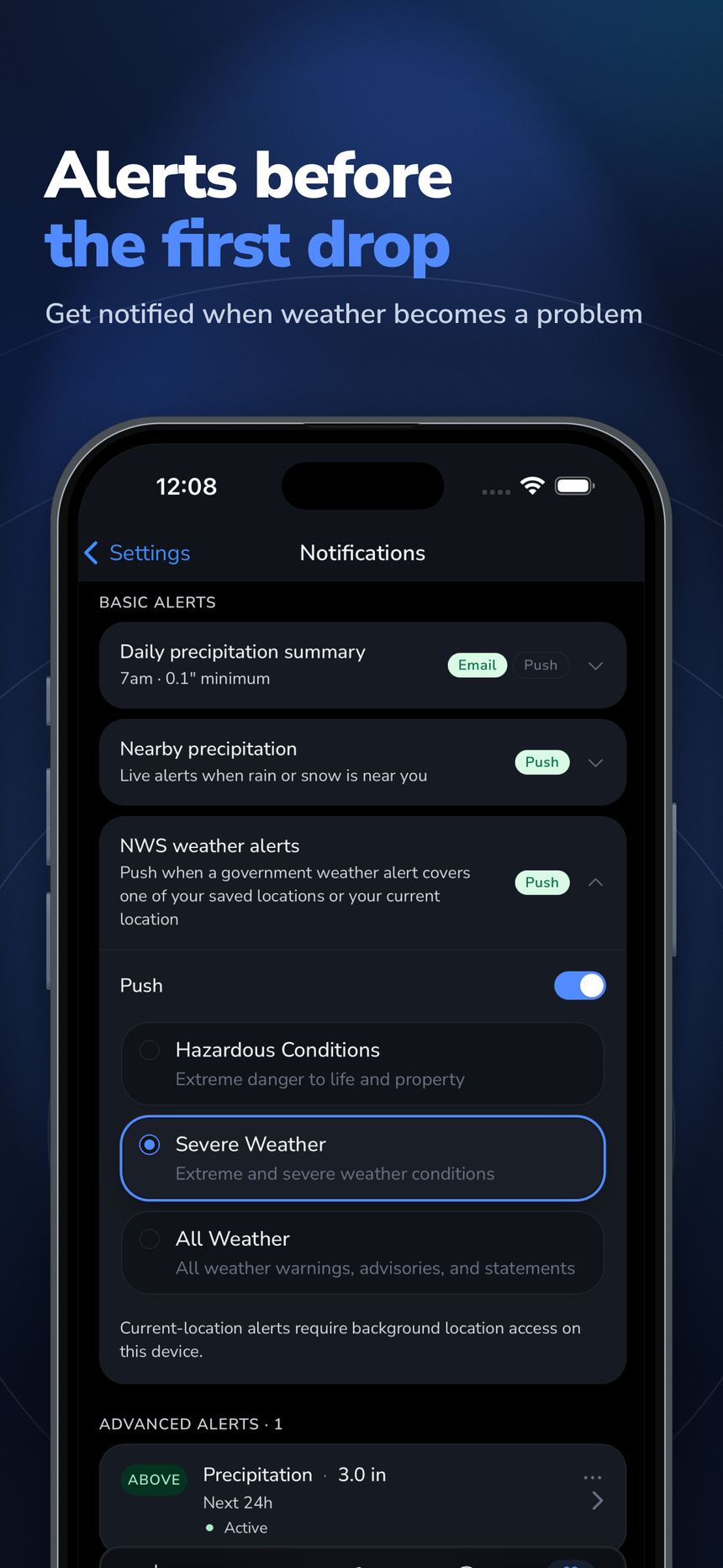 Notification settings for precipitation and weather alerts