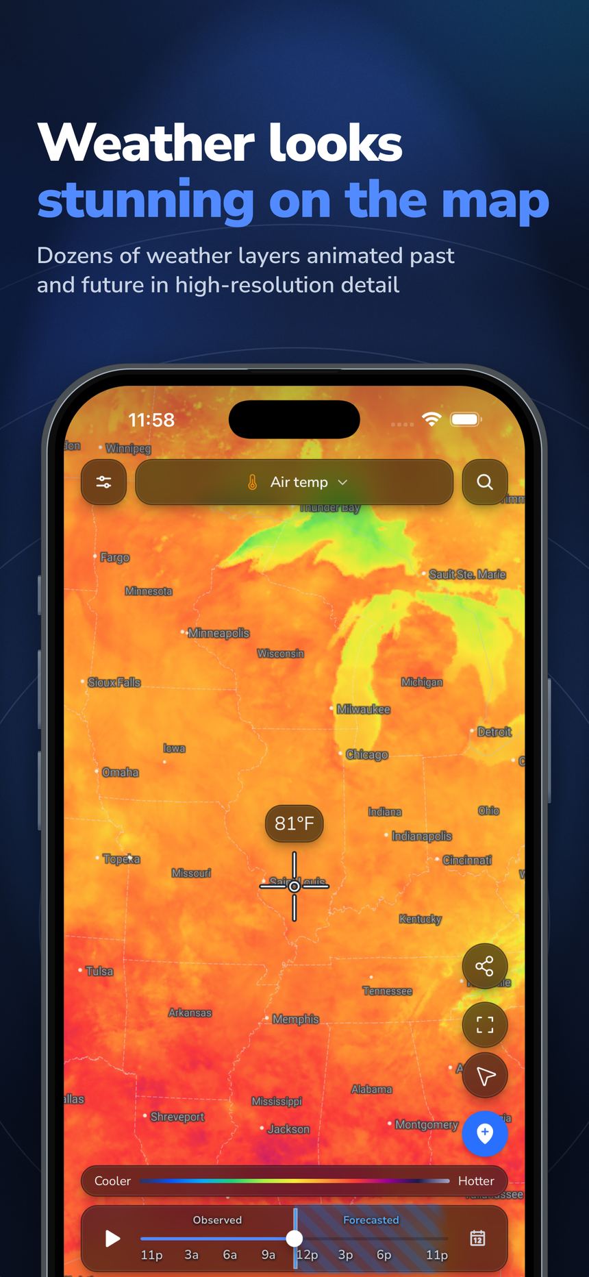 Animated air temperature layer on the weather map